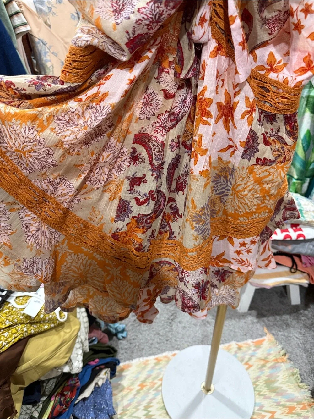Free People Bali Oletta Romper Lace Ruffle Paisley Tie Back Large Orange purple